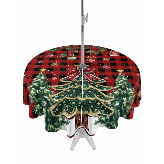 Outdoor Tablecloth with Umbrella Hole and Zipper, Christmas Tree Round Table Cloth 60 Inch Waterproof Tablecloth, Winter Xmas Ball Snowy Red Black Plaid Picnic Table Cover for Patio Camping