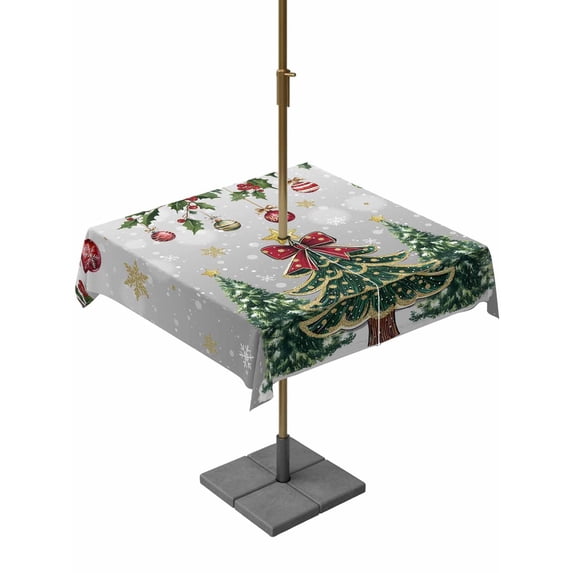 Outdoor Tablecloth with Umbrella Hole and Zipper, Christmas Tree Square Table Cloth 54x54 Inch Waterproof Tablecloth, Grey Retro Winter Ball Berry Snowflakes Picnic Table Cover for Patio Camping
