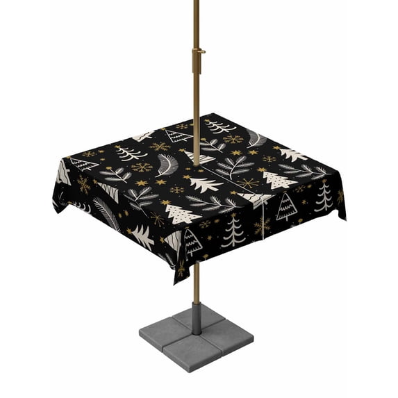 Outdoor Tablecloth with Umbrella Hole and Zipper, Christmas Tree Square Table Cloth 54x54 Inch Waterproof Tablecloth, Winter Xmas Pine Leaf Snowflake Black Picnic Table Cover for Patio Camping