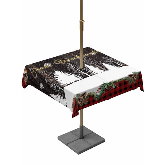 Outdoor Tablecloth with Umbrella Hole and Zipper, Christmas Tree Square Table Cloth 60x60 Inch Waterproof Tablecloth, Black Red Plaid Xmas Tree Snowflake Picnic Table Cover for Patio Camping