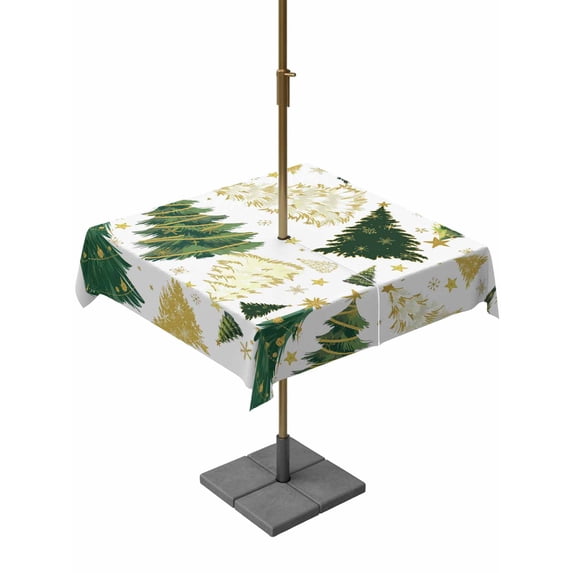 Outdoor Tablecloth with Umbrella Hole and Zipper, Christmas Tree Square Table Cloth 60x60 Inch Waterproof Tablecloth, White Green Xmas Tree Winter Picnic Table Cover for Patio Camping