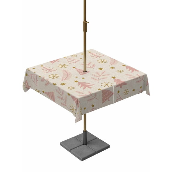 Outdoor Tablecloth with Umbrella Hole and Zipper, Christmas Tree Square Table Cloth 60x60 Inch Waterproof Tablecloth, Winter Xmas Pink Pine Snowflake on Linen Picnic Table Cover for Patio Camping