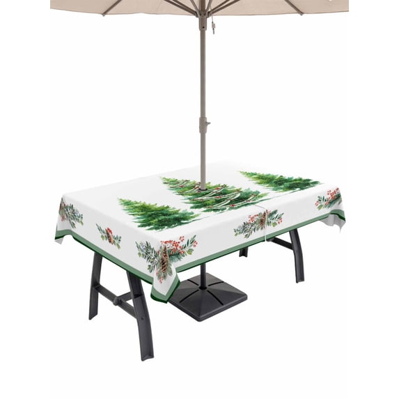 Outdoor Tablecloth with Umbrella Hole and Zipper, Christmas Trees Rectangle Table Cloth 60x102 Inch Waterproof Tablecloth, Winter Pine Xmas Watercolor Berry Green Picnic Table Cover for Patio Camping