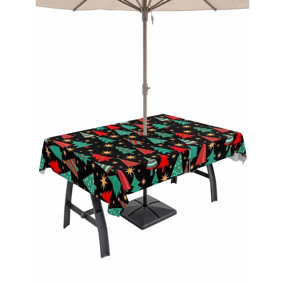Outdoor Tablecloth with Umbrella Hole and Zipper, Christmas Trees Rectangle Table Cloth 60x120 Inch Waterproof Tablecloth, Black Xmas Tree Star Winter Holiday Picnic Table Cover for Patio Camping
