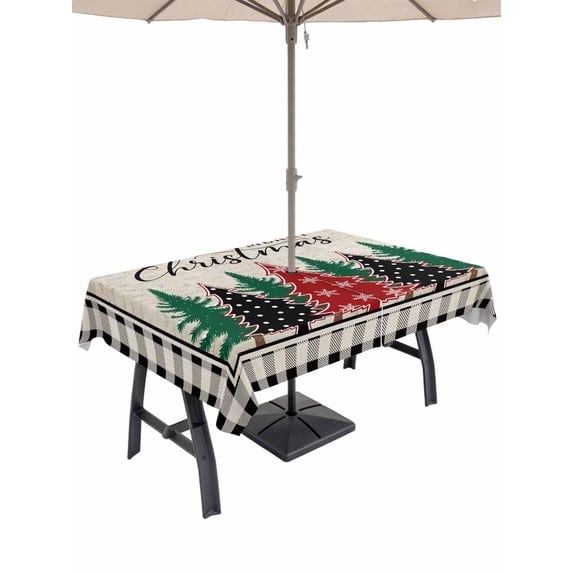 Outdoor Tablecloth with Umbrella Hole and Zipper, Christmas Trees Rectangle Table Cloth 60x84 Inch Waterproof Tablecloth, Xmas Snowflake Retro Black White Checkered Picnic Table Cover for Patio