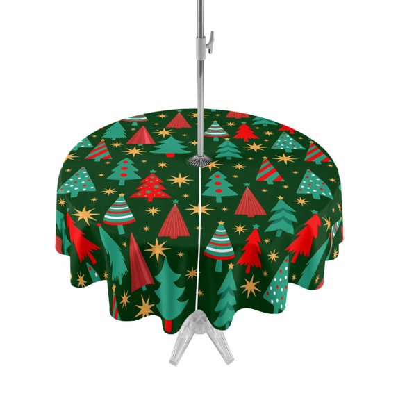 Outdoor Tablecloth with Umbrella Hole and Zipper, Christmas Trees Round Table Cloth 54 Inch Waterproof Tablecloth, Dark Green Xmas Tree Star Winter Holiday Picnic Table Cover for Patio Camping