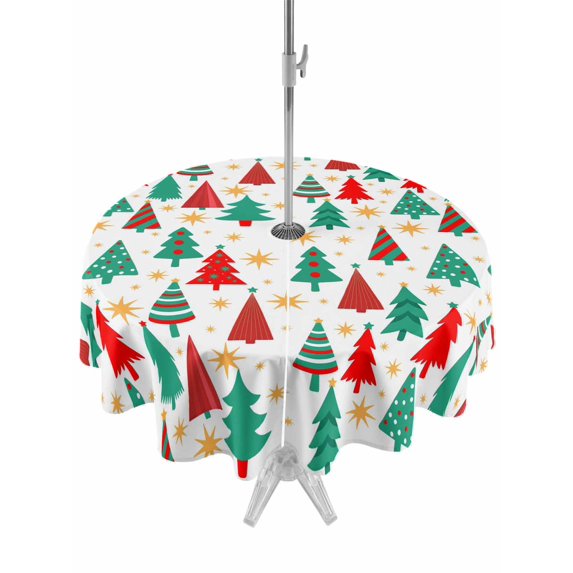 Outdoor Tablecloth with Umbrella Hole and Zipper, Christmas Trees Round Table Cloth 60 Inch Waterproof Tablecloth, Red Green Xmas Tree Star Winter Holiday Picnic Table Cover for Patio Camping