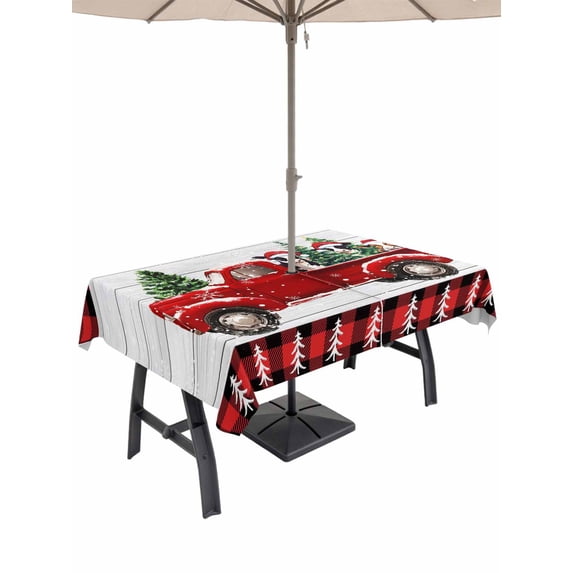 Outdoor Tablecloth with Umbrella Hole and Zipper, Christmas Truck Rectangle Table Cloth 60x102 Inch Waterproof Tablecloth, Xmas Tree Red Plaid Snowflake Vintage Picnic Table Cover for Patio Camping