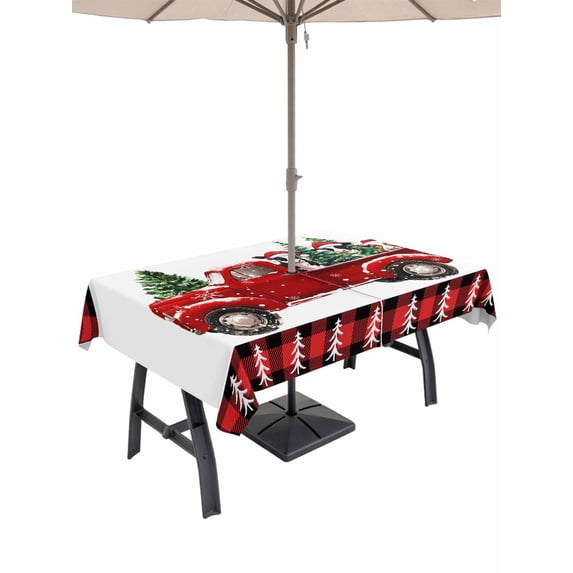 Outdoor Tablecloth with Umbrella Hole and Zipper, Christmas Truck Rectangle Table Cloth 60x102 Inch Waterproof Tablecloth, Xmas Tree Red Plaid Snowflake Winter Picnic Table Cover for Patio Camping