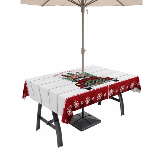 Outdoor Tablecloth with Umbrella Hole and Zipper, Christmas Truck Rectangle Table Cloth 60x120 Inch Waterproof Tablecloth, Xmas Snowflakes Winter Plaid Tree Wooden Picnic Table Cover for Patio