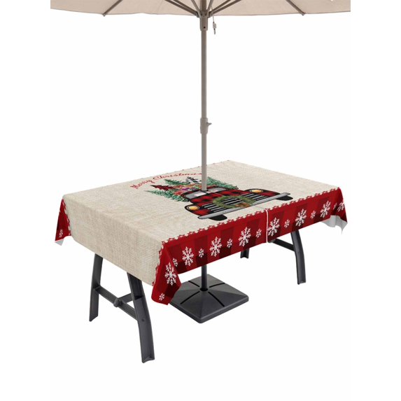 Outdoor Tablecloth with Umbrella Hole and Zipper, Christmas Truck Rectangle Table Cloth 60x84 Inch Waterproof Tablecloth, Winter Pine Tree Xmas Snowflake Plaid on Linen Picnic Table Cover for Patio