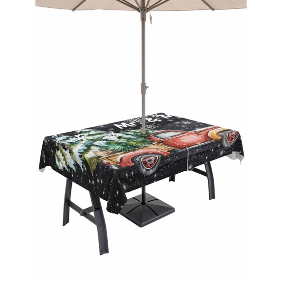 Outdoor Tablecloth with Umbrella Hole and Zipper, Christmas Truck Rectangle Table Cloth 60x84 Inch Waterproof Tablecloth, Winter Snowflake Xmas Tree Wood Grain Black Picnic Table Cover for Patio