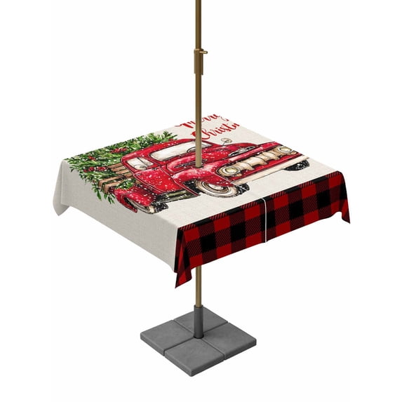 Outdoor Tablecloth with Umbrella Hole and Zipper, Christmas Truck Square Table Cloth 54x54 Inch Waterproof Tablecloth, Vintage Xmas Red Buffalo Plaid Picnic Table Cover for Patio Camping