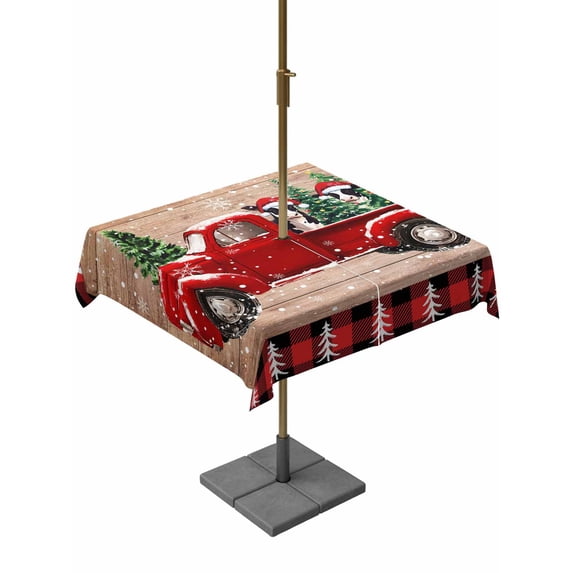 Outdoor Tablecloth with Umbrella Hole and Zipper, Christmas Truck Square Table Cloth 60x60 Inch Waterproof Tablecloth, Xmas Tree Red Plaid Snowflake Retro Picnic Table Cover for Patio Camping