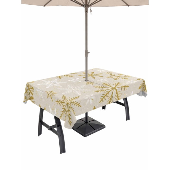 Outdoor Tablecloth with Umbrella Hole and Zipper, Christmas Yellow Snowflake Rectangle Table Cloth 52x70 Inch Waterproof Tablecloth, Winter Xmas Retro Beige Picnic Table Cover for Patio Camping