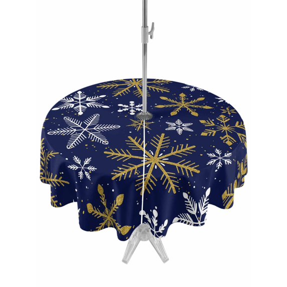 Outdoor Tablecloth with Umbrella Hole and Zipper, Christmas Yellow Snowflake Round Table Cloth 54 Inch Waterproof Tablecloth, Winter Xmas Blue Simple Picnic Table Cover for Patio Camping