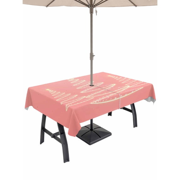 Outdoor Tablecloth with Umbrella Hole and Zipper, Chritsmas Tree Lights Rectangle Table Cloth 60x120 Inch Waterproof Tablecloth, Pink Xmas New Year Holiday Picnic Table Cover for Patio Camping