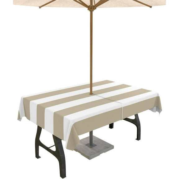 Outdoor Tablecloth with Umbrella Hole and Zipper Classical Stripe Rectangle Tablecloths 60x102 Waterproof Outside Table Cloths Khaki Patio Table Cloth Cover for Outdoor Tables Picnic Garden Party