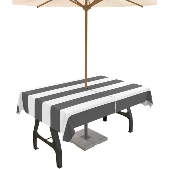 Outdoor Tablecloth with Umbrella Hole and Zipper Classical Stripe Rectangle Tablecloths 60x120 Waterproof Outside Table Cloths Dark Grey Patio Table Cover for Outdoor Tables Picnic Garden Party