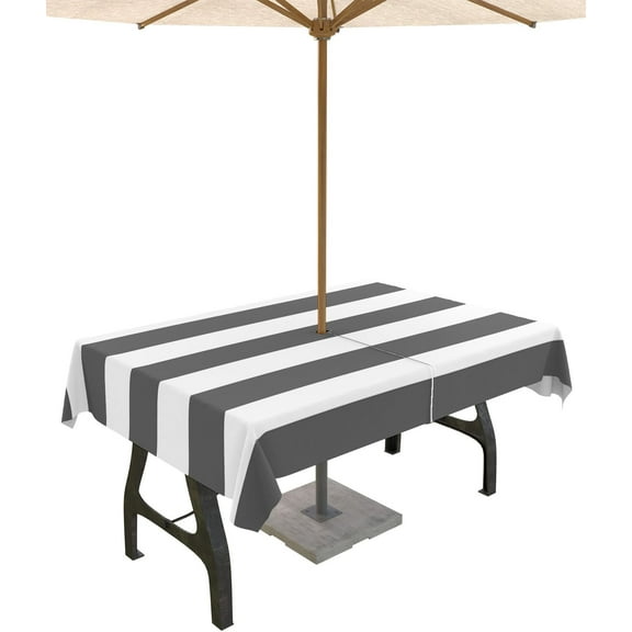 Outdoor Tablecloth with Umbrella Hole and Zipper Classical Stripe Rectangle Tablecloths 60x84 Waterproof Outside Table Cloths Dark Grey Patio Table Cover for Outdoor Tables Picnic Garden Party