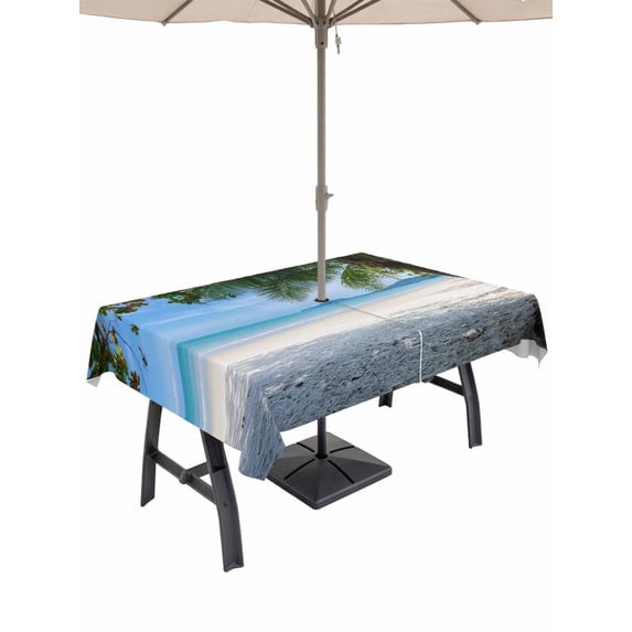Outdoor Tablecloth with Umbrella Hole and Zipper, Coastal Beach Rectangle Table Cloth 60x102 Inch Waterproof Tablecloth, Summer Ocean Sea Modern Palm Coconut Tree Picnic Table Cover for Patio Camping