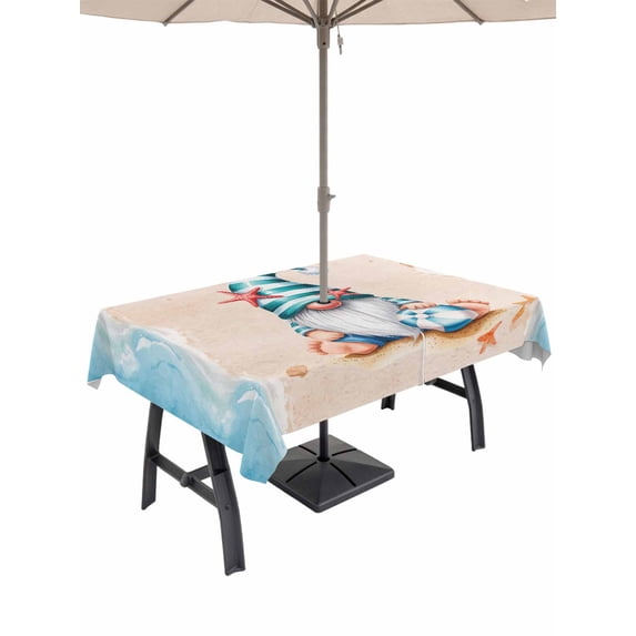Outdoor Tablecloth with Umbrella Hole and Zipper, Coastal Beach Rectangle Table Cloth 60x120 Inch Waterproof Tablecloth, Blue Gnomes Summer Ocean Sea Wave Starfish Beige Picnic Table Cover for Patio