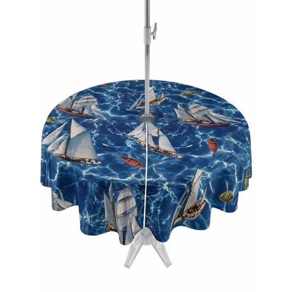 Outdoor Tablecloth with Umbrella Hole and Zipper, Coastal Boat Ocean Round Table Cloth 54 Inch Waterproof Tablecloth, Coastal Sea Waves Summer Picnic Table Cover for Patio Camping