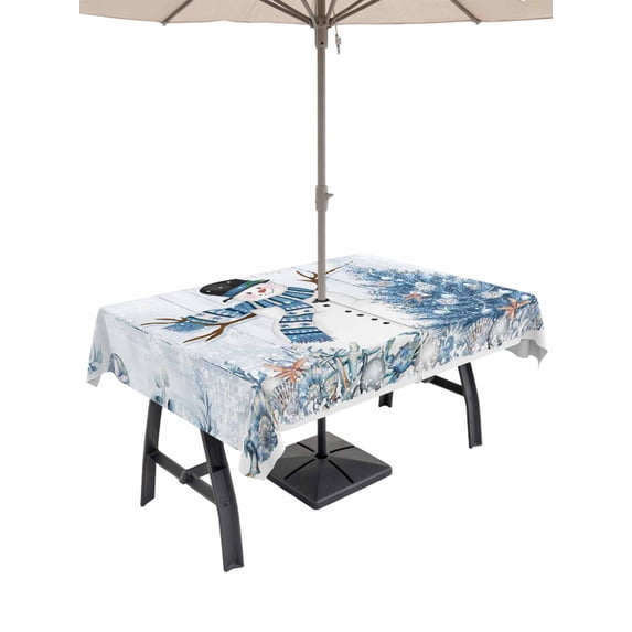 Outdoor Tablecloth with Umbrella Hole and Zipper, Coastal Christmas Rectangle Table Cloth 60x120 Inch Waterproof Tablecloth, Beach Coral Snowman Xmas Tree Blue Wood Picnic Table Cover for Patio