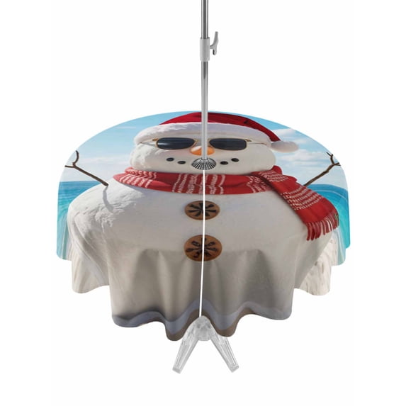 Outdoor Tablecloth with Umbrella Hole and Zipper, Coastal Christmas Round Table Cloth 54 Inch Waterproof Tablecloth, Xmas Beach Snowman Ocean Holiday Picnic Table Cover for Patio Camping