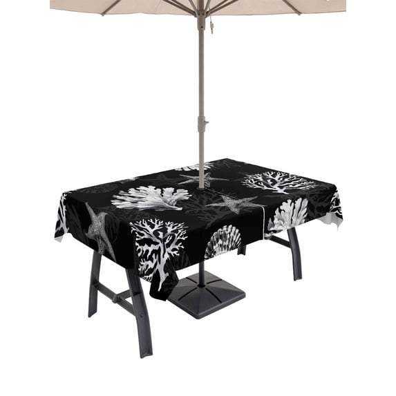 Outdoor Tablecloth with Umbrella Hole and Zipper, Coastal Coral Rectangle Table Cloth 60x120 Inch Waterproof Tablecloth, Summer Beach Black Shells Starfish Ocean Picnic Table Cover for Patio Camping
