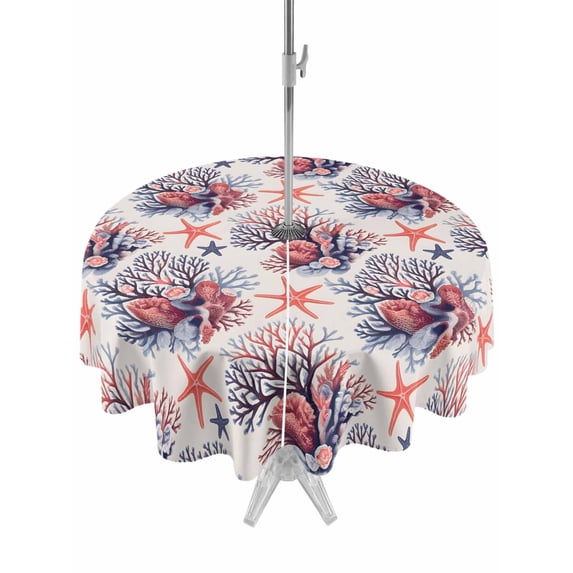 Outdoor Tablecloth with Umbrella Hole Zipper Coastal Coral Round Tablecloth 54" Waterproof Outside Table Cloth Red Starfish Ocean Retro Patio Table Cover Tablecloths for Picnic Party