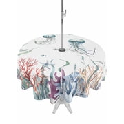 Outdoor Tablecloth with Umbrella Hole and Zipper, Coastal Jellyfish Round Table Cloth 60 Inch Waterproof Tablecloth, Ocean Nautical Starfish Coral Seaweed Picnic Table Cover for Patio Camping