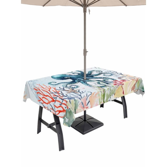 Outdoor Tablecloth with Umbrella Hole and Zipper, Coastal Nautical Octopus Rectangle Table Cloth 60x120 Inch Waterproof Tablecloth, Oceans Corals Starfish Jellyfish Picnic Table Cover for Patio