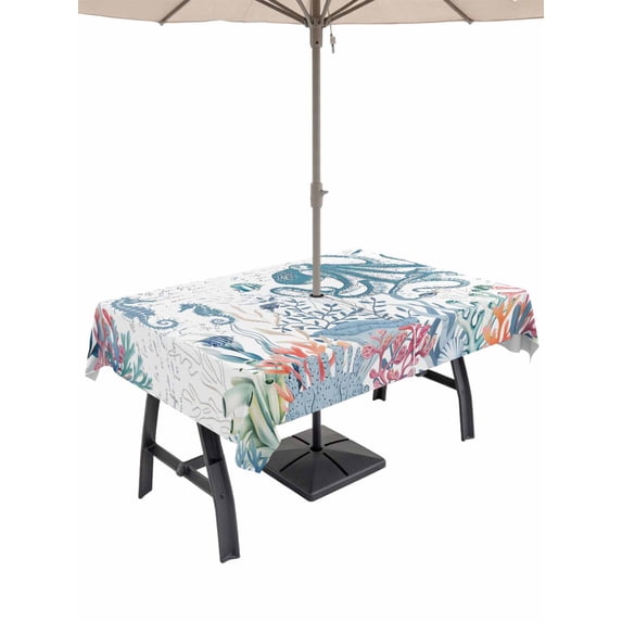 Outdoor Tablecloth with Umbrella Hole and Zipper, Coastal Octopus Rectangle Table Cloth 60x102 Inch Waterproof Tablecloth, Summer Beach Nautical Ocean Coral Seahorse Picnic Table Cover for Patio