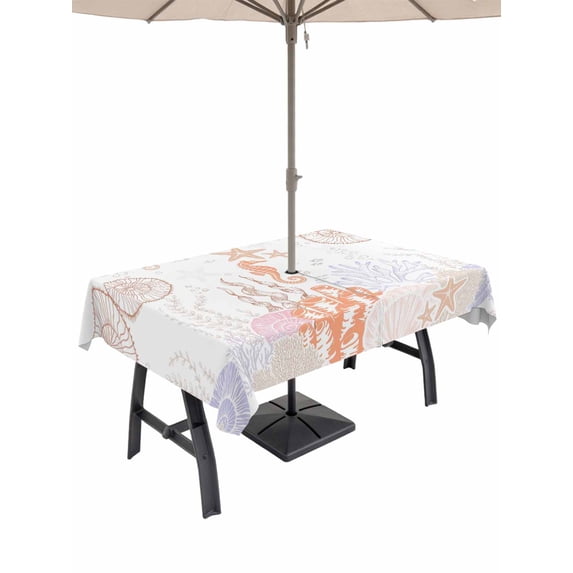 Outdoor Tablecloth with Umbrella Hole and Zipper, Coastal Rectangle Table Cloth 60x120 Inch Waterproof Tablecloth, Orange Brown Coral Starfish Jellyfish Seahorse Picnic Table Cover for Patio Camping