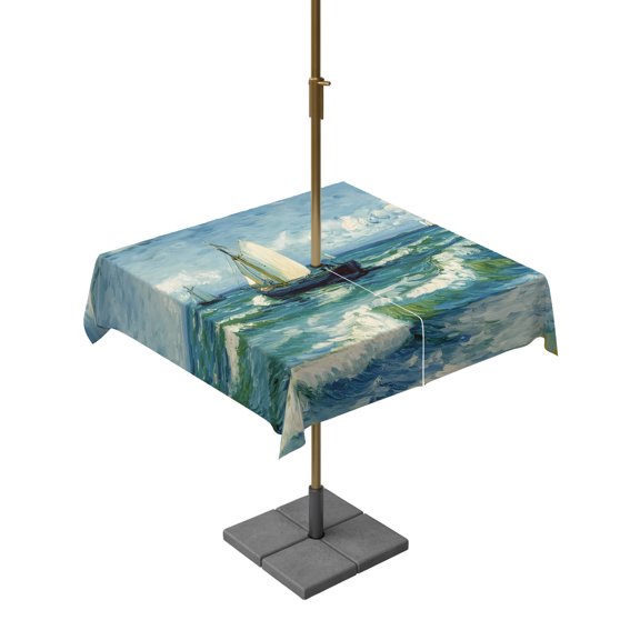 Outdoor Tablecloth with Umbrella Hole and Zipper Coastal Sailboat Square Tablecloths 54x54 Inch Waterproof Nautical Ocean Waves Oil Painting Patio Table Cover for Outdoor Tables BBQS Party Decor