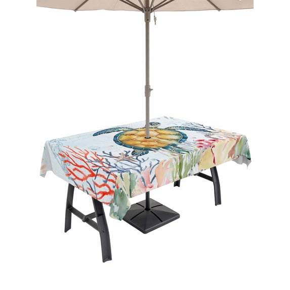 Outdoor Tablecloth with Umbrella Hole and Zipper, Coastal Sea Turtle Rectangle Table Cloth 60x120 Inch Waterproof Tablecloth, Marine Coral Jellyfish Starfish Oceans Picnic Table Cover for Patio