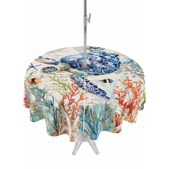 Outdoor Tablecloth with Umbrella Hole Zipper Coastal Sea Turtle Round Tablecloth 54" Waterproof Outside Table Cloth Rustic Vintage Nautical Starfish Coral Patio Table Cover Tablecloths for Picnic