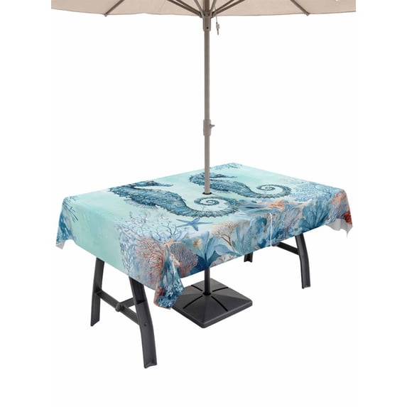 Outdoor Tablecloth with Umbrella Hole and Zipper, Coastal Seahorse Blue Rectangle Table Cloth 60x120 Inch Waterproof Tablecloth, Summer Beach Nautical Coral Starfish Picnic Table Cover for Patio