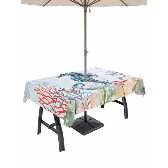 Outdoor Tablecloth with Umbrella Hole and Zipper, Coastal Seahorse Rectangle Table Cloth 60x84 Inch Waterproof Tablecloth, Marine Coral Turtle Jellyfish Oceans Picnic Table Cover for Patio Camping
