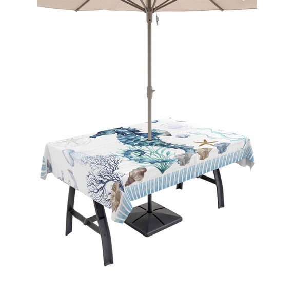 Outdoor Tablecloth with Umbrella Hole and Zipper, Coastal Seahorse Rectangle Table Cloth 60x84 Inch Waterproof Tablecloth, Nautical Starfish Shell Seaweed Anchor Picnic Table Cover for Patio Camping