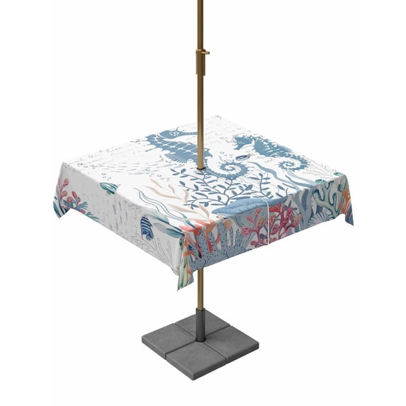 Outdoor Tablecloth with Umbrella Hole and Zipper, Coastal Seahorse Square Table Cloth 54x54 Inch Waterproof Tablecloth, Summer Beach Nautical Ocean Coral Picnic Table Cover for Patio Camping