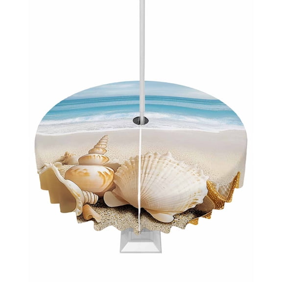 Outdoor Tablecloth with Umbrella Hole & Zipper, Coastal Seashells Round Tablecloth 60 Inch, Beach Ocean Nautical Starfish Conch Patio Table Cover Waterproof Table Cloth for Picnic/Party