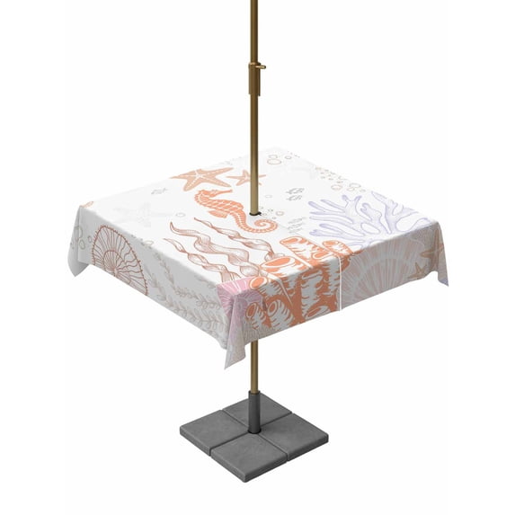 Outdoor Tablecloth with Umbrella Hole and Zipper, Coastal Square Table Cloth 60x60 Inch Waterproof Tablecloth, Orange Brown Coral Starfish Jellyfish Seahorse Picnic Table Cover for Patio Camping