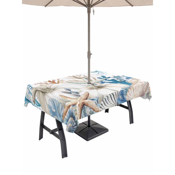 Outdoor Tablecloth with Umbrella Hole and Zipper, Coastal Thanksgiving Rectangle Table Cloth 60x120 Inch Waterproof Tablecloth, Blue Coral White Pumpkin Starfish Picnic Table Cover for Patio Camping