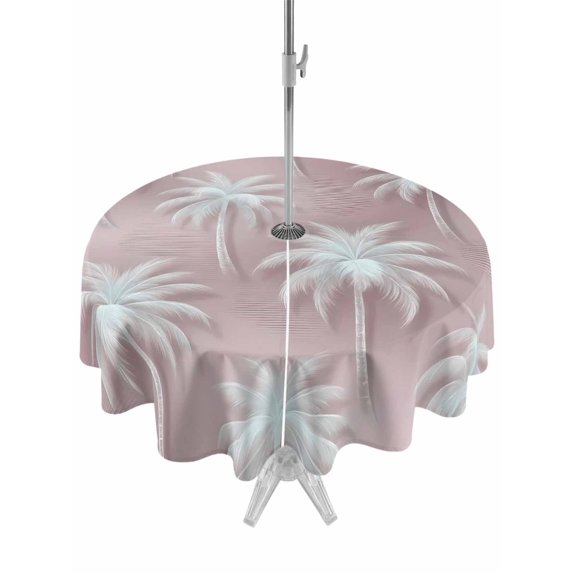 Outdoor Tablecloth with Umbrella Hole Zipper Coastal Tropical Tree Round Tablecloth 54" Waterproof Outside Table Cloth Palm Trees Summer Botanical Pink Patio Table Cover Tablecloths for Picnic Party