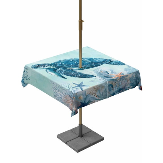 Outdoor Tablecloth with Umbrella Hole and Zipper, Coastal Turtle Blue Square Table Cloth 60x60 Inch Waterproof Tablecloth, Summer Beach Nautical Coral Starfish Picnic Table Cover for Patio Camping