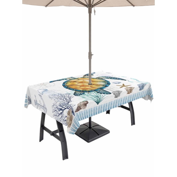 Outdoor Tablecloth with Umbrella Hole and Zipper, Coastal Turtle Rectangle Table Cloth 60x84 Inch Waterproof Tablecloth, Ocean Nautical Starfish Conch Seashells Picnic Table Cover for Patio Camping