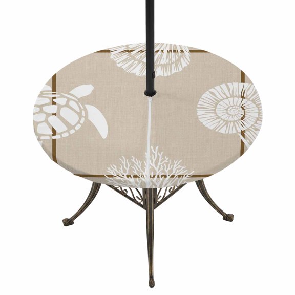 Outdoor Tablecloth with Umbrella Hole and Zipper Coastal Turtle Round Fitted Table Cover with Elastic Waterproof Ocean Coral Conch Shell Patio Tablecloths for Picnic BBQS Garden Party Fit 55"-60"