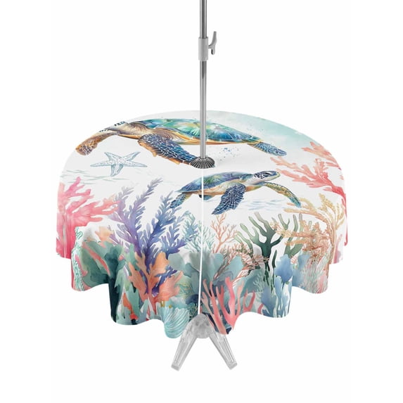 Outdoor Tablecloth with Umbrella Hole and Zipper, Coastal Turtle Round Table Cloth 54 Inch Waterproof Tablecloth, Nautical Ocean Coral Starfish Seashells Picnic Table Cover for Patio Camping